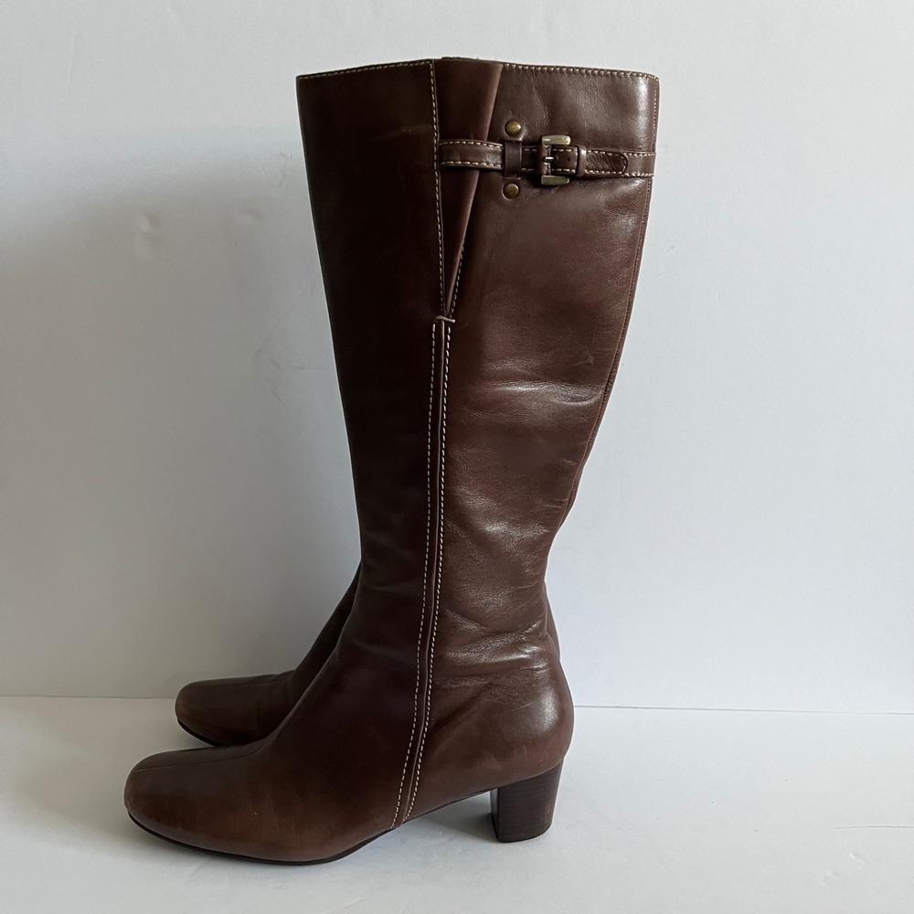 ECCO Brown Leather Tall Boots Square Toe Block Heel Side Zip Buckle Womens 39